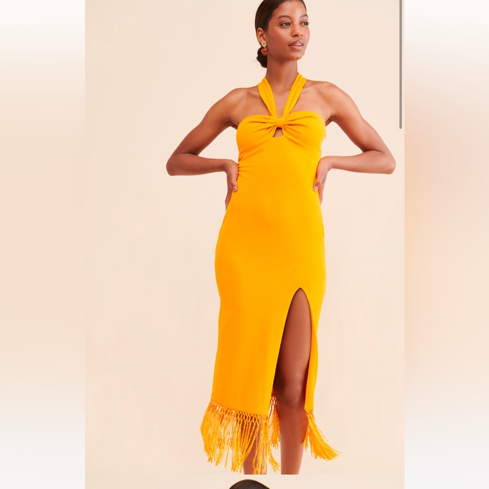 Saylor Fringe Rib Midi Halter Dress sz M